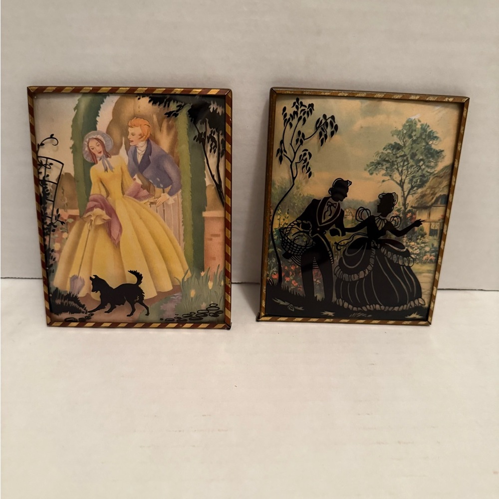 Two Vintage Reverse Painted Convex Bubble Glass Silhouette Pictures Victorian
